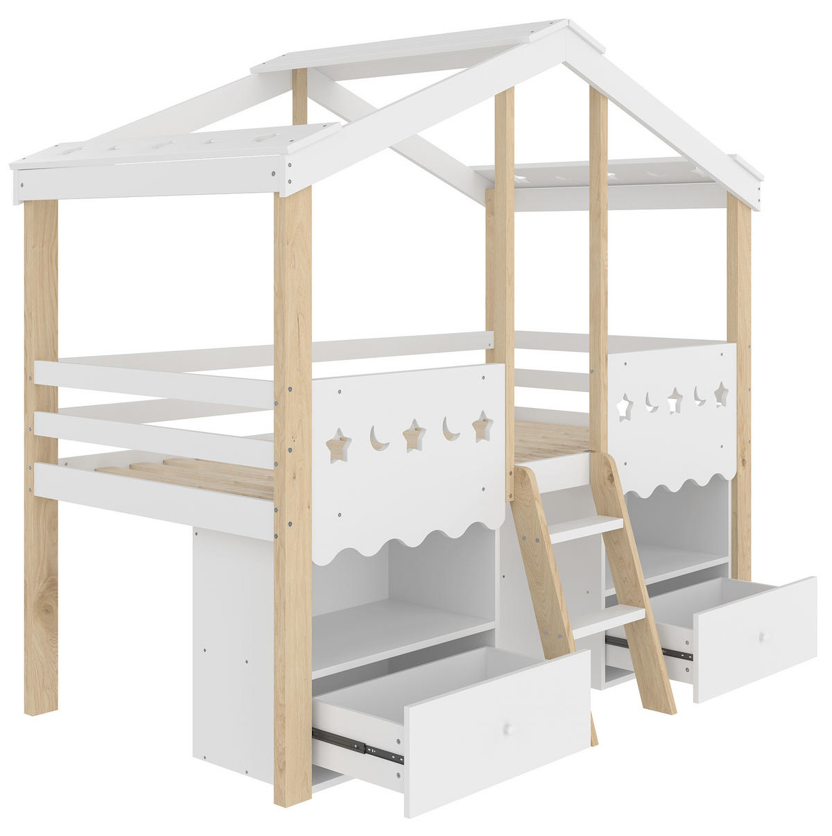 KINDEREINZELBETTEN aus Kiefernholz 90x200 cm in Weiß/Natur mit LED & 2 Schubladen - Weiß, Holz (90/200cm) - Modfu