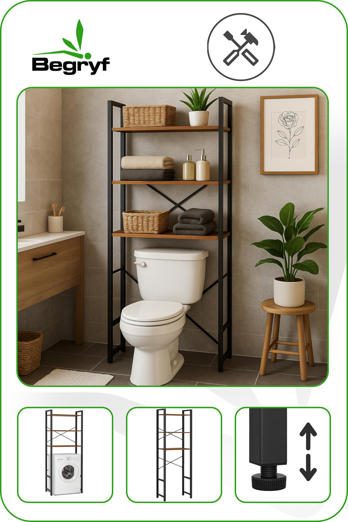 STANDREGAL Holzoptik Metall Dunkelbraun Schwarz für Waschmaschine 186×66×30 cm - Dunkelbraun/Schwarz, Holzwerkstoff/Metall (66/186/30cm) - Begryf