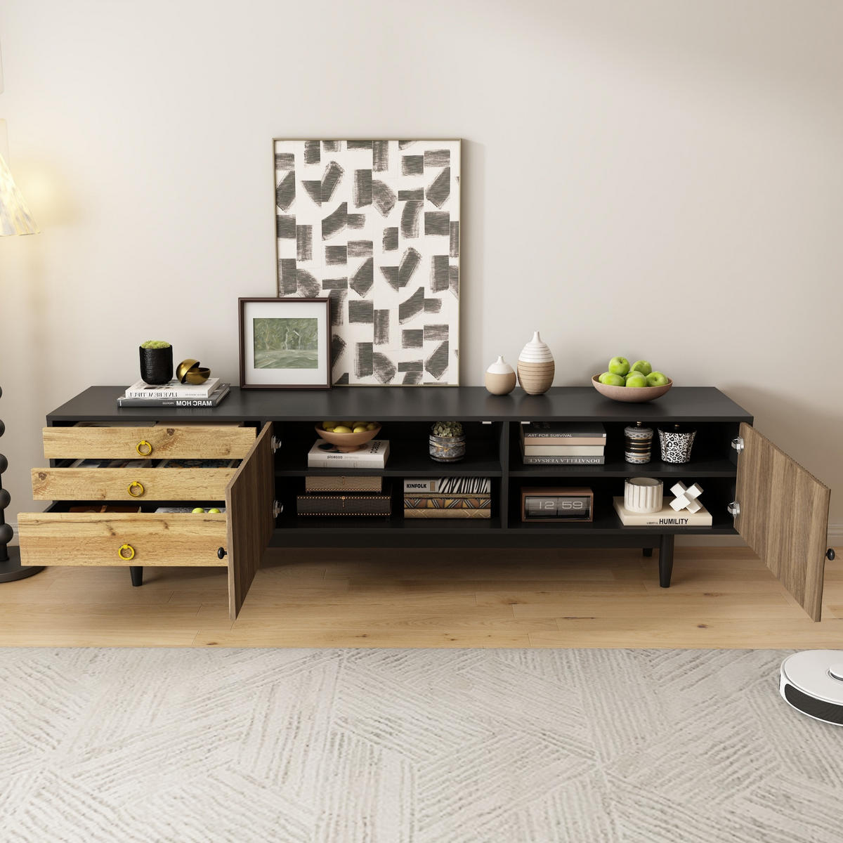 TV-SCHRANK in Schwarz und Natur mit 2 Türen und 3 Schubladen 180/38/50 cm - Eichefarben, Holzwerkstoff (180/38/50cm) - Redom