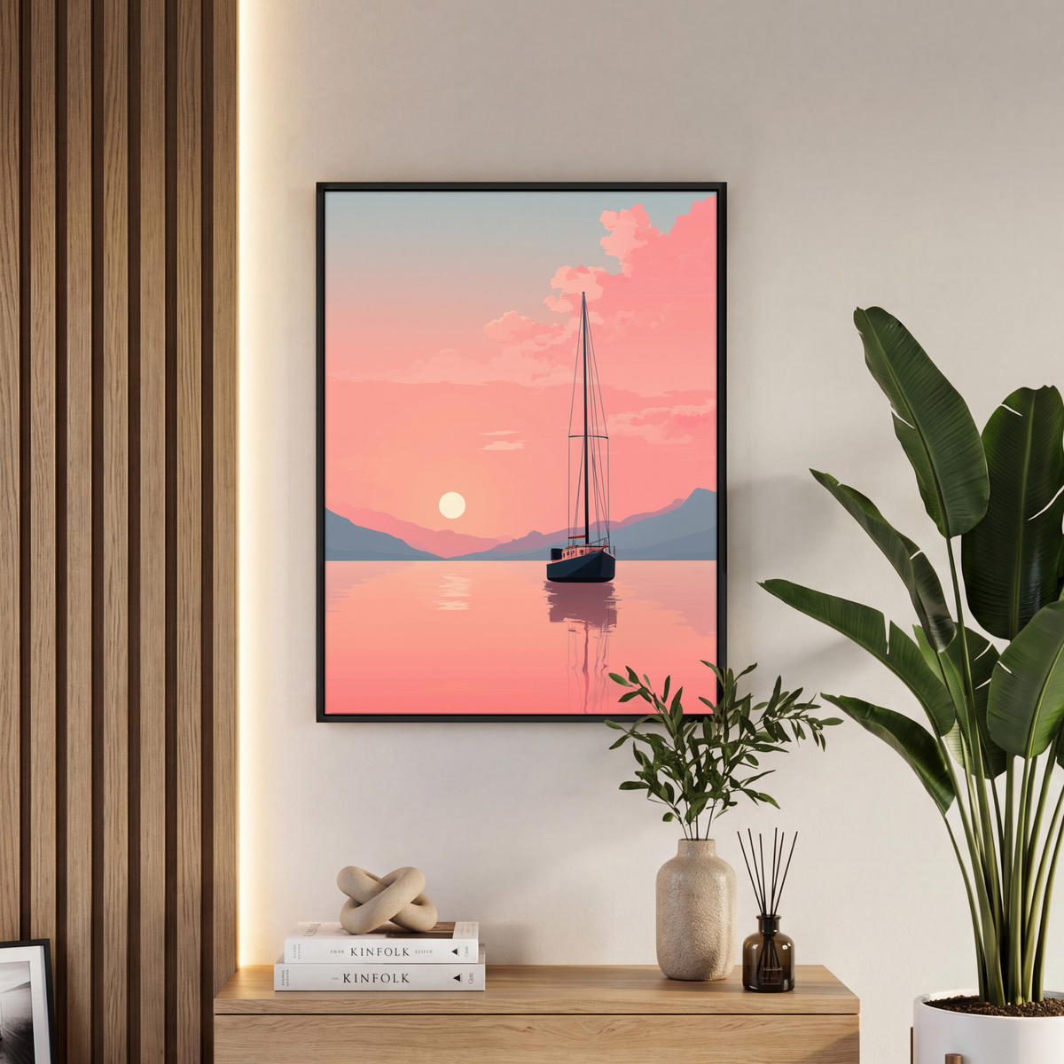 LEINWAND Bilder mit Rahmen - Segelboot - Rosa Meer - Sonnenuntergang - Berge - 60x80 - Rosa, Textil (60/80cm) - MuchoWow