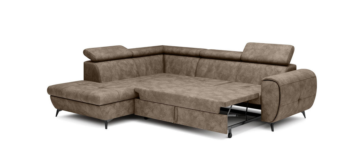 ECKSOFA MAGIA L-S Braun Plüsch-Stoff mit Schlaffunktion - Braun, Holz (260/217cm) - MASSENO