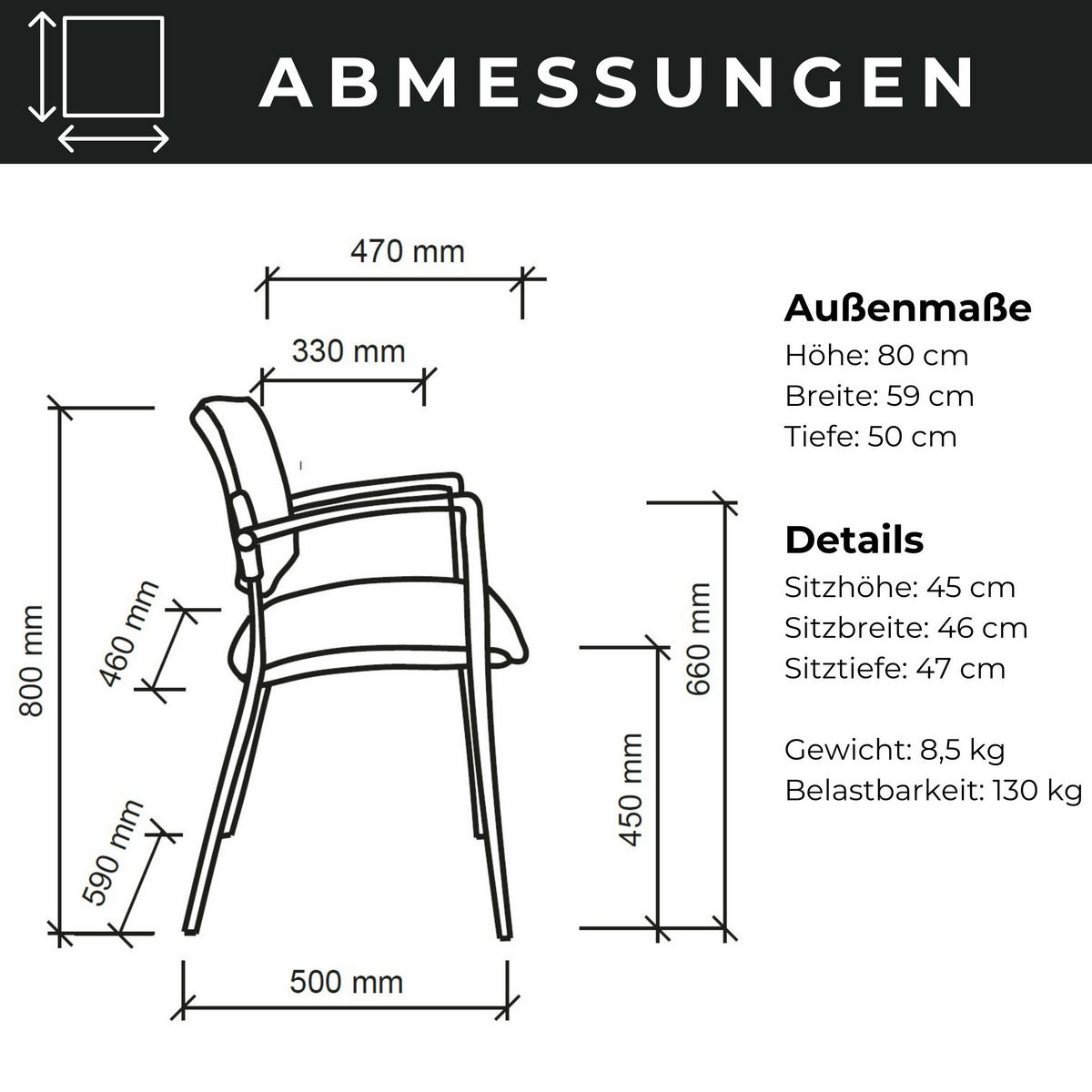 KONFERENZSTÜHLE Besucherstühle (2er-Set) 50/59/80 cm in Schwarz - Schwarz, Metall (59/80/50cm) - bümö