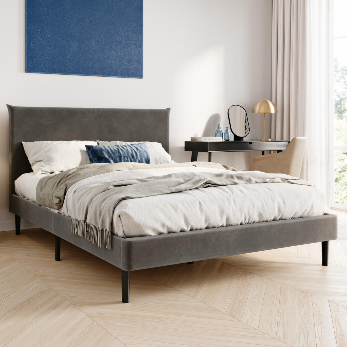 POLSTERBETT 140x200 cm Grau samt - Grau, Textil (140/200cm) - Home Collective