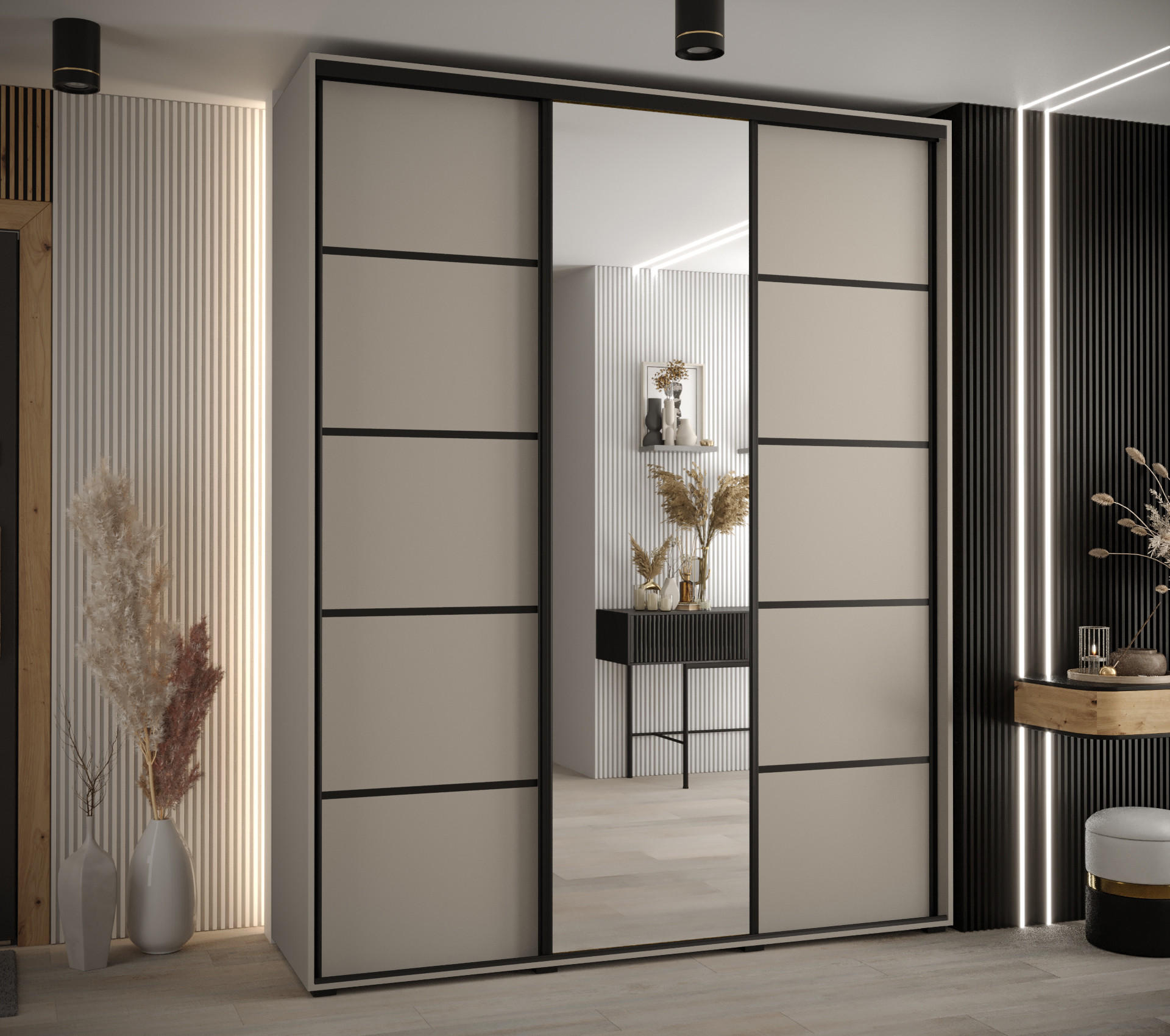 SCHWEBETÜRENSCHRANK 235,2/200/60 3-türig - Kaschmir/Schwarz, Holz/Metall (200/235.2/60cm) - MÖBEL KRYSPOL