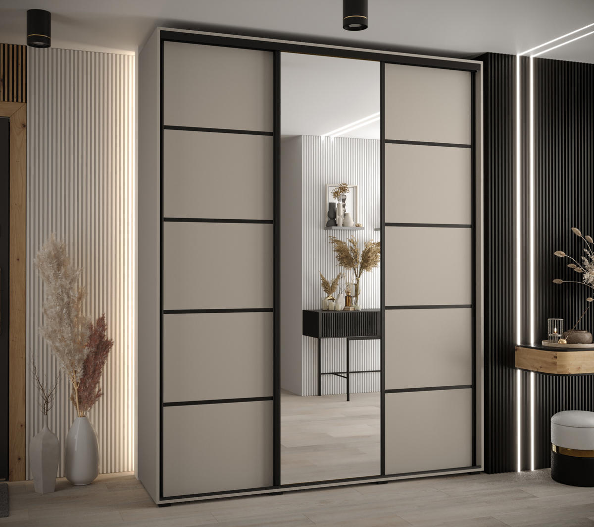 SCHWEBETÜRENSCHRANK 235,2/200/60 3-türig - Kaschmir/Schwarz, Holz/Metall (200/235.2/60cm) - MÖBEL KRYSPOL