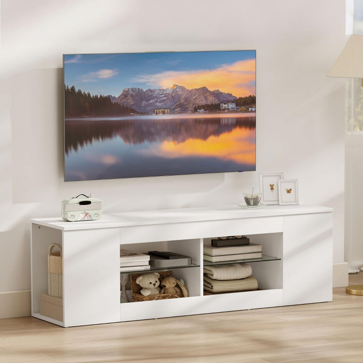 TV-LOWBOARD 140/35/42,5 cm Weiß aus Glas und Spanplatte mit 6 Fächern - Weiß, Glas (140/42.5/35cm) - OKWISH