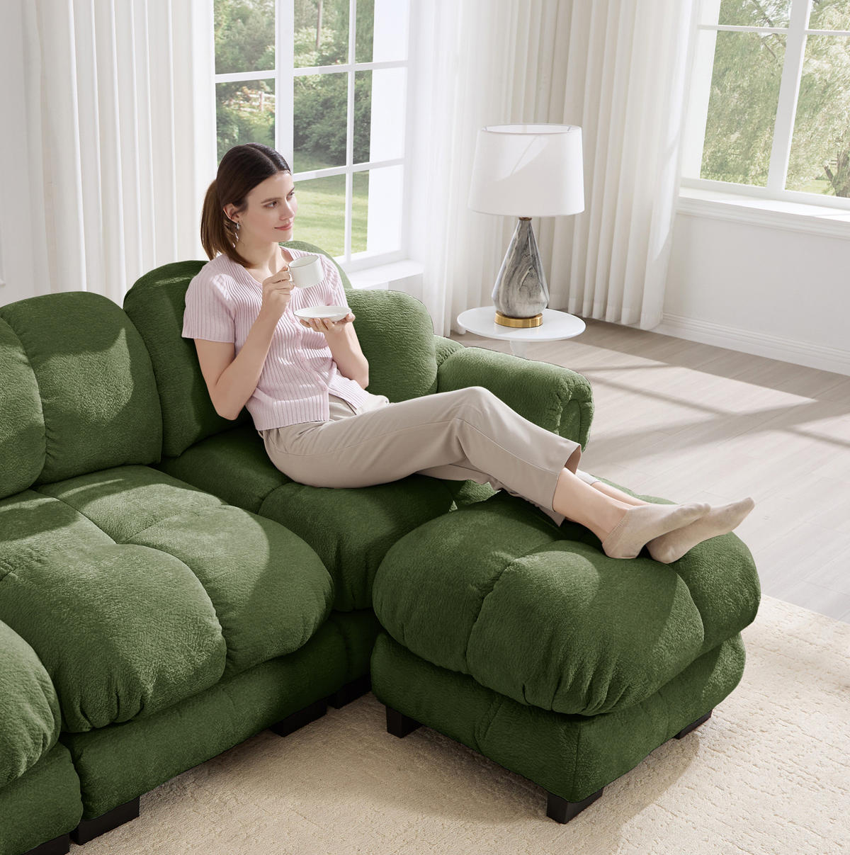 SOFA modulares Ecksofa mit Ottomane Grün Chenille - Grün, Holz (149/330cm) - Meubliv