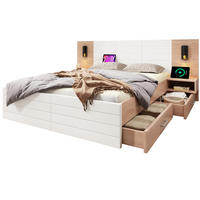 BETT 140/200 cm in Weiß/Eiche mit Matratze, USB und 2 Schubladen - Weiß, Holzwerkstoff (140/200cm) - Flora Grace