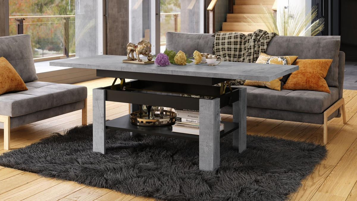 COUCHTISCH rechteckig Beton - Schwarz ausziehbar höhenverstellbar - Hellgrau/Schwarz, Holzwerkstoff (65/130/58cm) - designimpex