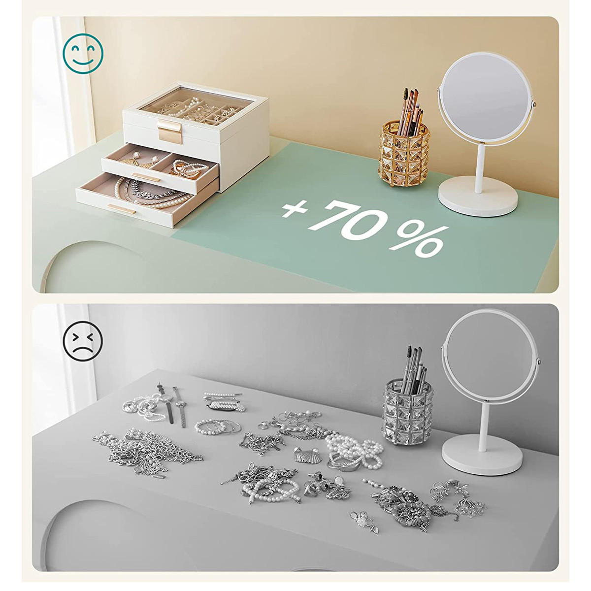 SCHMUCKSCHATULLE auf 3 Ebenen mit Glasdeckel und 2 Schubladen - L23,1 cm - Weiß, Holzwerkstoff (20.3/13.5/23.1cm) - Calicosy