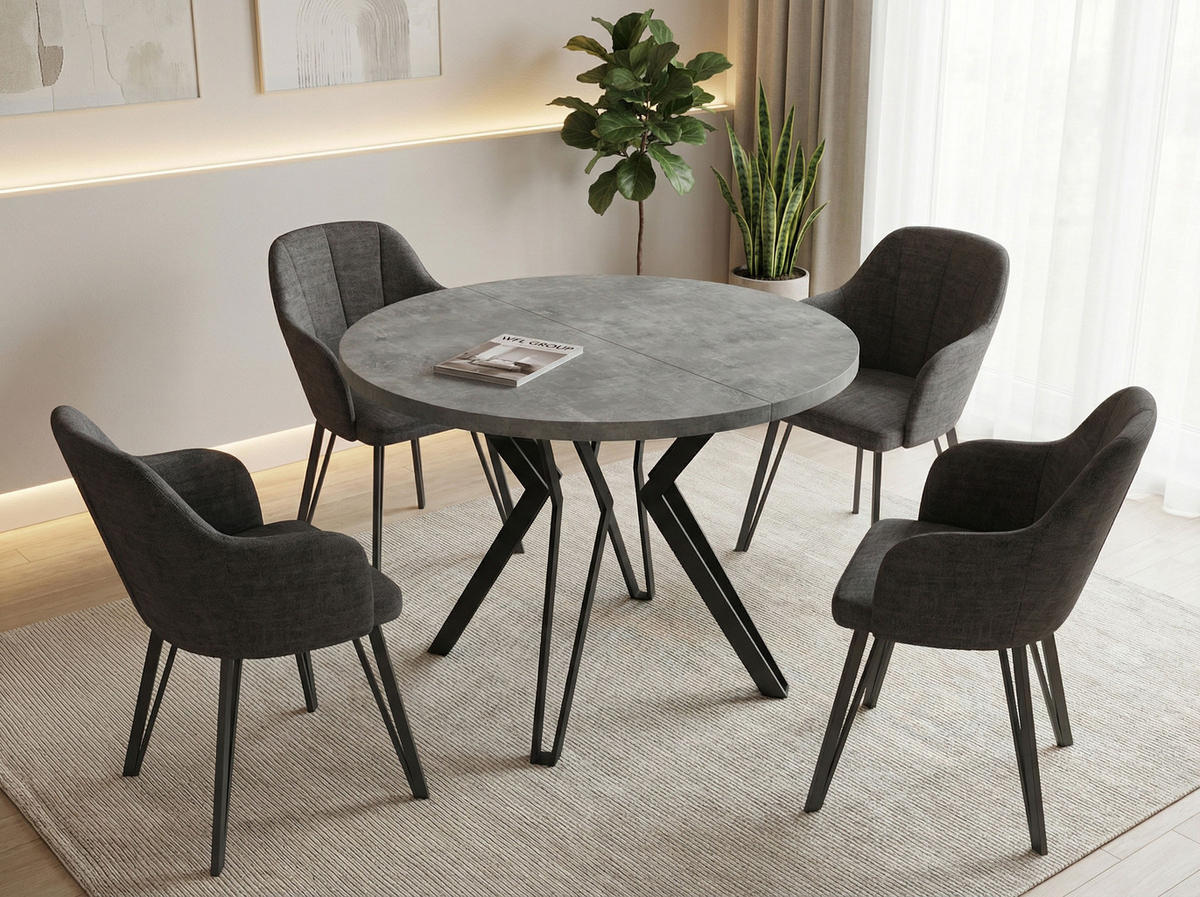 ESSTISCH Revena runder ausziehbarer, Grauer Beton 100-180/100/76 cm - Hellgrau/Schwarz, Holzwerkstoff/Metall (100/100/76cm) - WFL GROUP