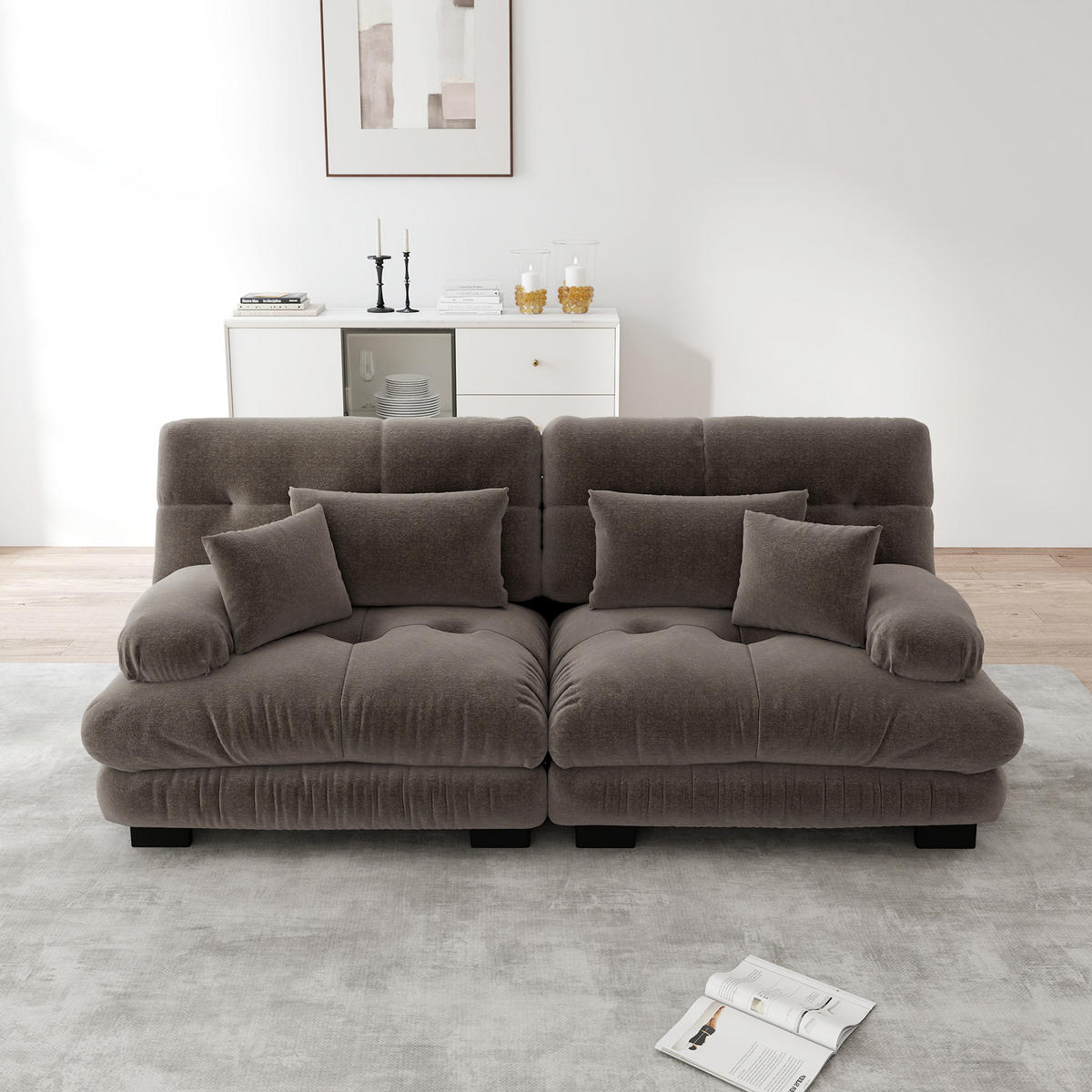 2-SITZER SOFA Chenille Braun mit Lendenkissen und Dekokissen - Braun, Textil (220/81/77cm) - WISHDOR