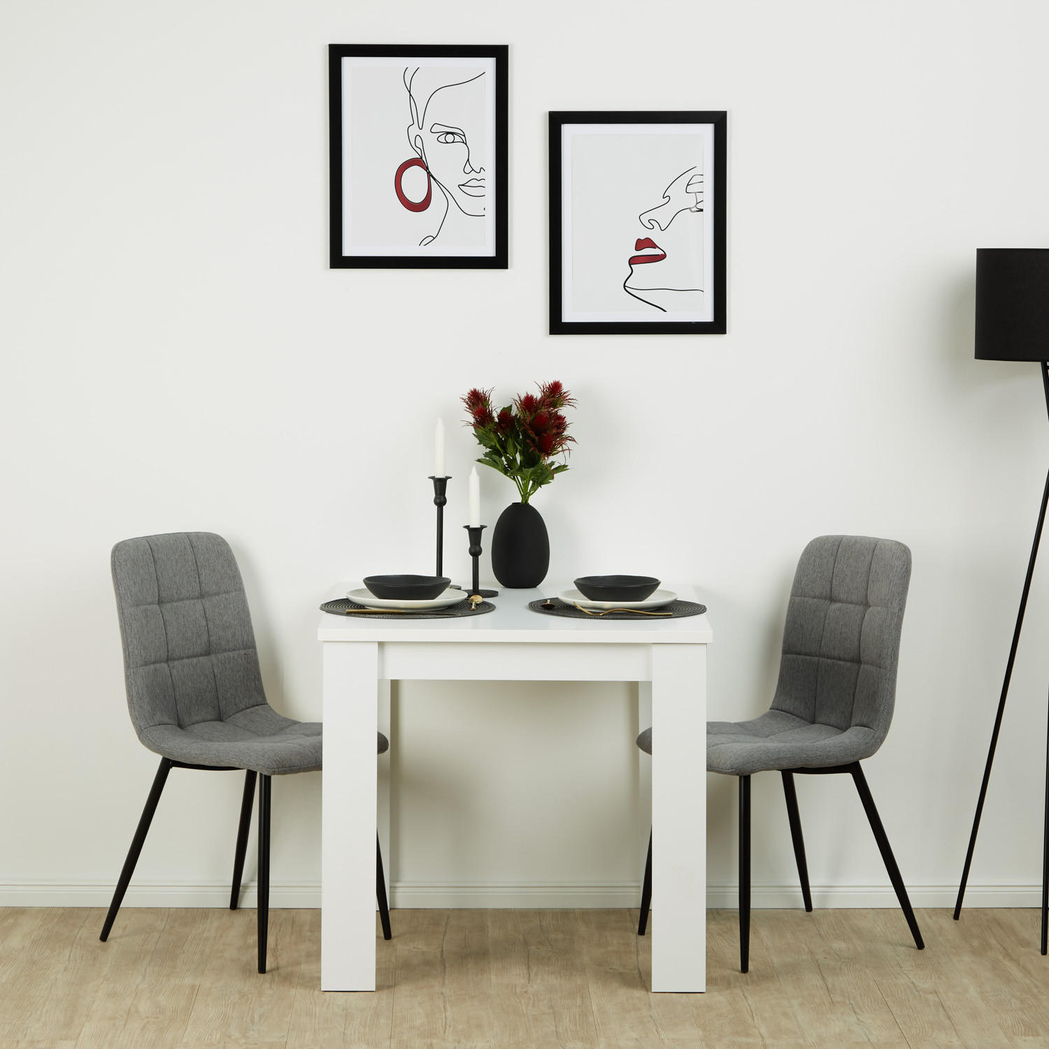 TISCHGRUPPE 80/80 cm Weiß mit 2 Stühlen - Weiß/Grau, Holz/Textil (80/75/80cm) - Homestyle4u