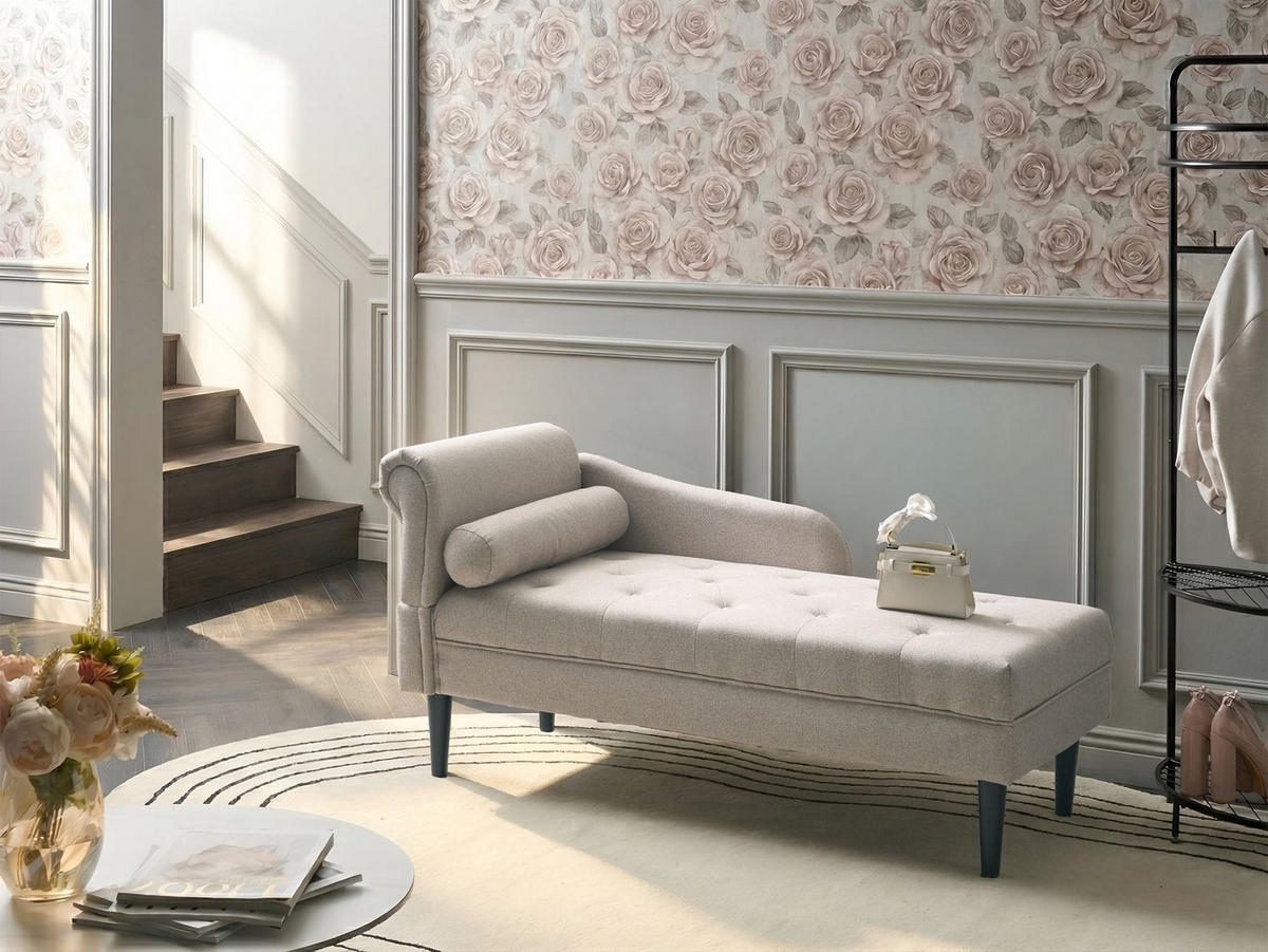 ČALOUNĚNÉ LEHÁTKO CHAISE LONGUE LEVOSTRANNÉ Látka Béžové Yvoire - černá/béžová, textil (68/72/151cm) - Beliani