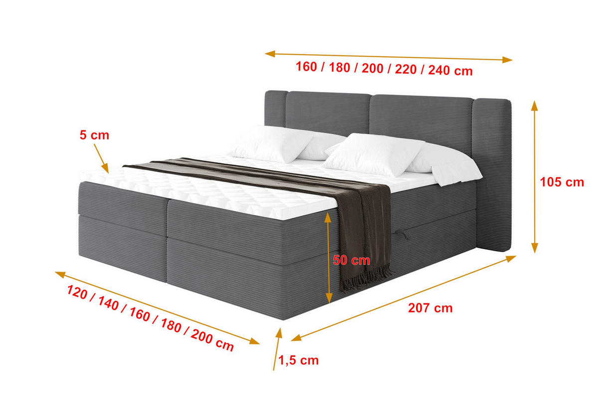 BOXBETT mit Matratze H3 - EVON - 140x200 cm Dunkelgrau - Graphitfarben, Holzwerkstoff (140/200cm) - ALTDECOR