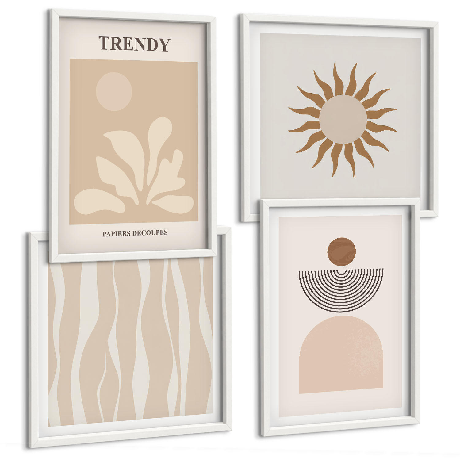BILDER SET 4er Set - 50x50 cm & 40x60 cm Weißer Rahmen - Stilvolle abstrakte Beigetöne - Weiß, Kunststoff (50/50cm) - TULUP