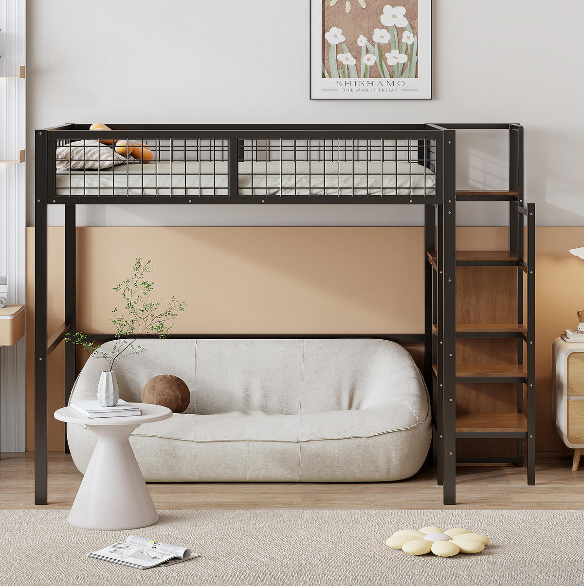 HOCHBETT 140/200 cm aus Metall mit Leiter, Kleiderschrank und Regal Schwarz - Schwarz, Metall (140/200cm) - Modenvie