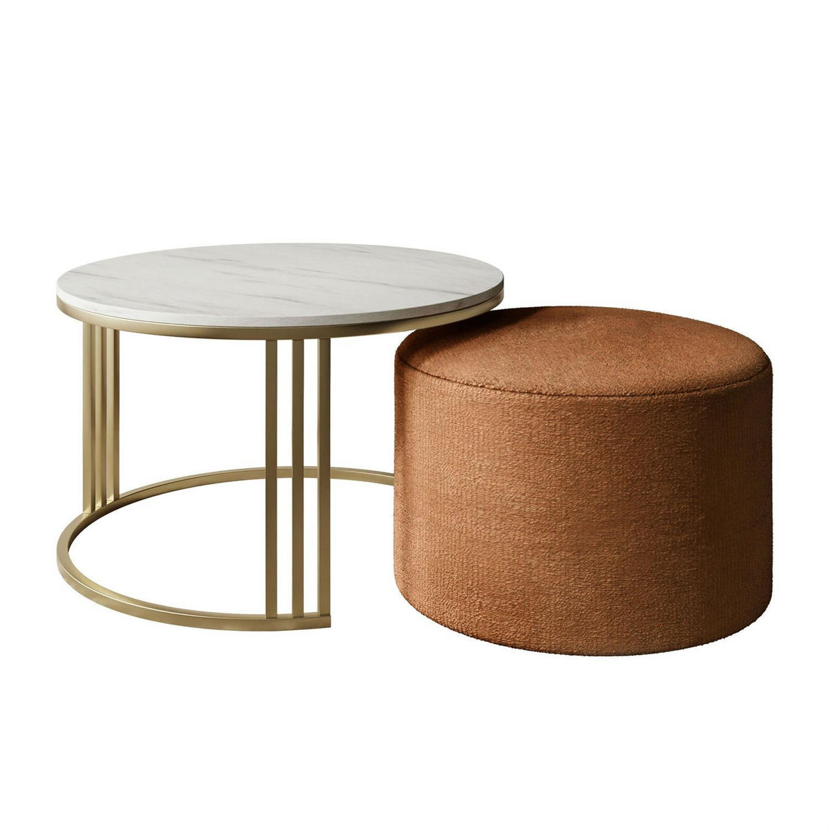 COUCHTISCH mit Hocker LORI MAT gebürstetes Gold/Marmor Levanto/Perfect Harmony 52 - Weiß, Metall (70/70/49cm) - Lookway