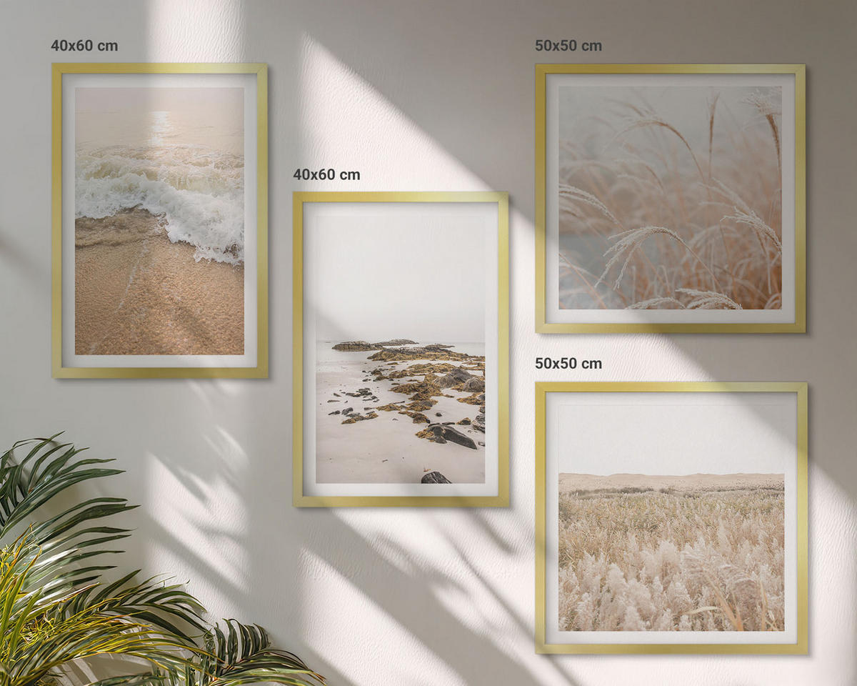 WANDBILDER 4er Set - 50x50 cm & 40x60 cm Goldrahmen - Strandwellen, Steine, Sommer - Goldfarben, Kunststoff (50/50cm) - ArtPrintCave