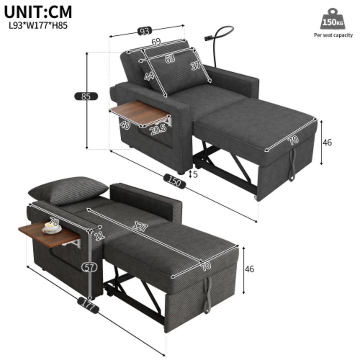 SCHLAFSOFA 93x150x85cm aus Cord mit Multifunktionales faltbares, grau - Grau, Textil (150/85/93cm) - Luhomfu
