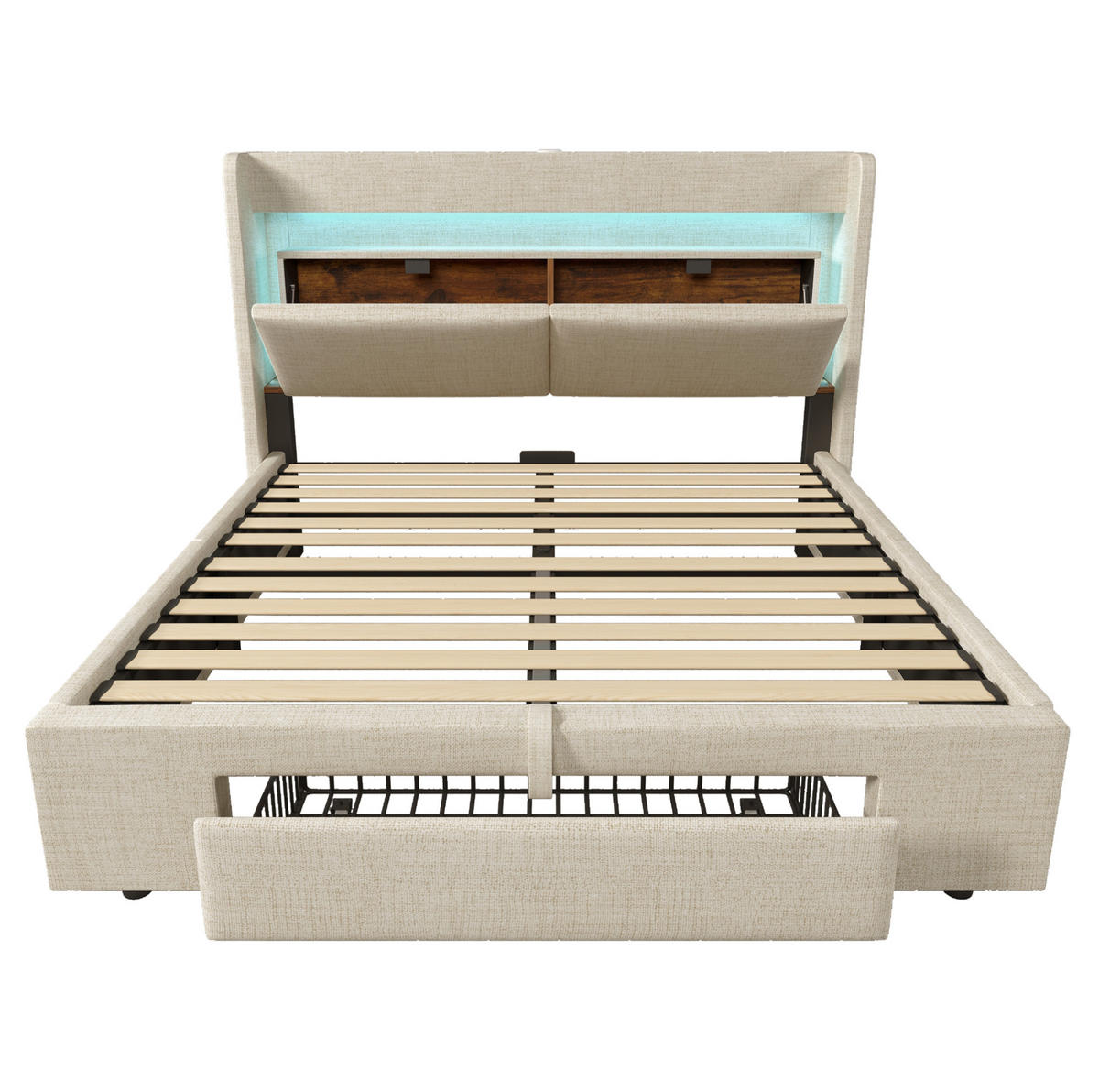 POLSTERBETT aus Leinen 160x200 cm Beige mit hydraulischem Stauraum, LED, USB/USB-C und Matratze - Beige, Textil (160/200cm) - IVMEU