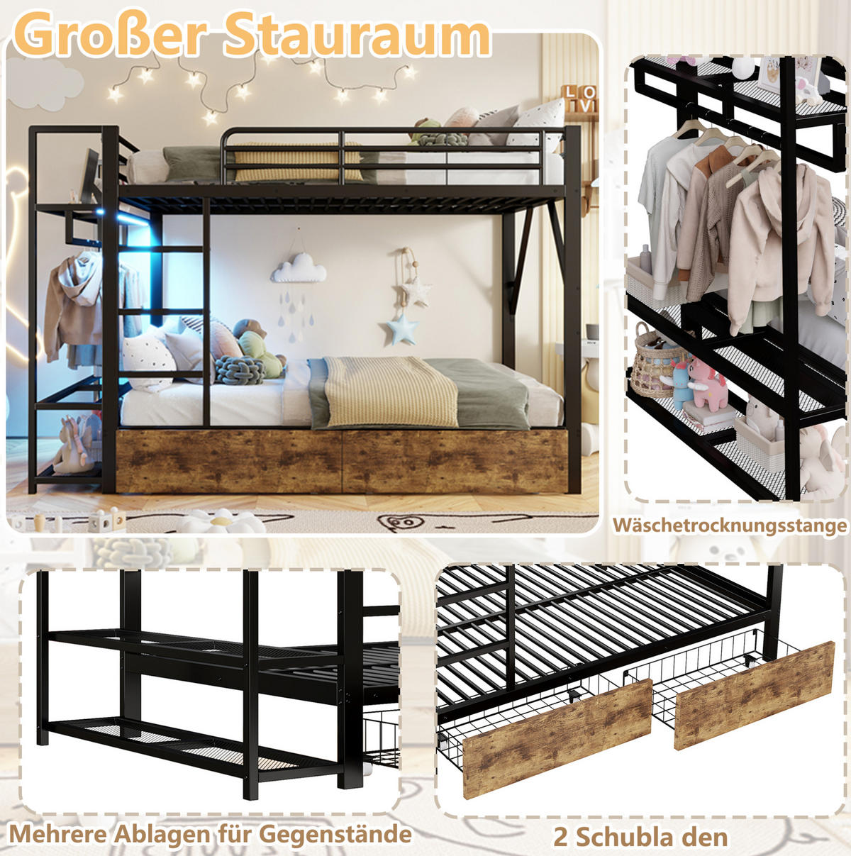 ETAGENBETT 140/200 cm aus Metall mit LED-Lichtleiste und Stauraum Schwarz - Schwarz, Metall (140/200cm) - Modenvie