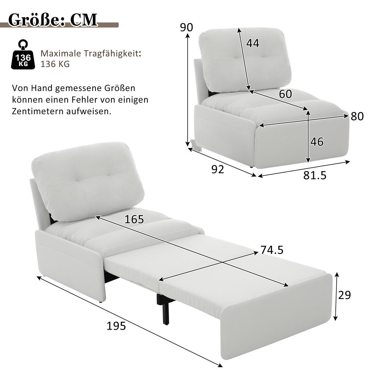 SCHLAFSESSEL 81,5/195/90 cm als 2-in-1 Ausziehbett mit Leinenbezug und Seitentaschen, Weiß - Weiß, Kunststoff (195/90/81.5cm) - Redom