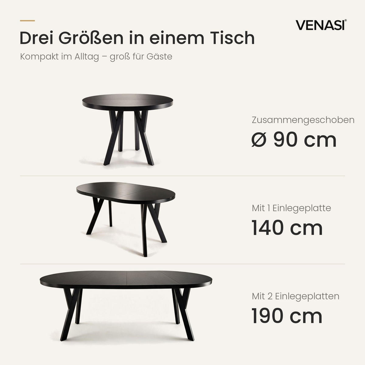 ESSTISCH ausziehbar rund 90-190 cm ATO Schwarz, Auszugstisch mit Einlegeplatte - Schwarz, Holzwerkstoff (90/90/77cm) - VENASI MÖBEL