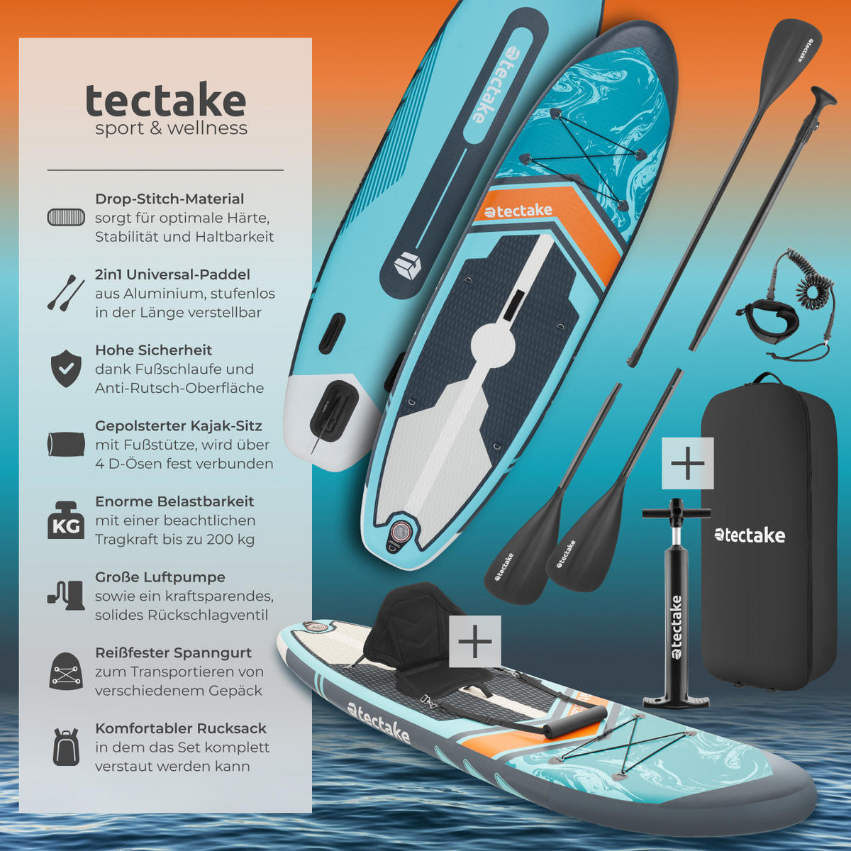 STAND-UP PADDLE BOARD ,288 x 77 x 22,5 cm,türkis/orange - Türkis, Kunststoff (288/77/22.5cm) - tectake
