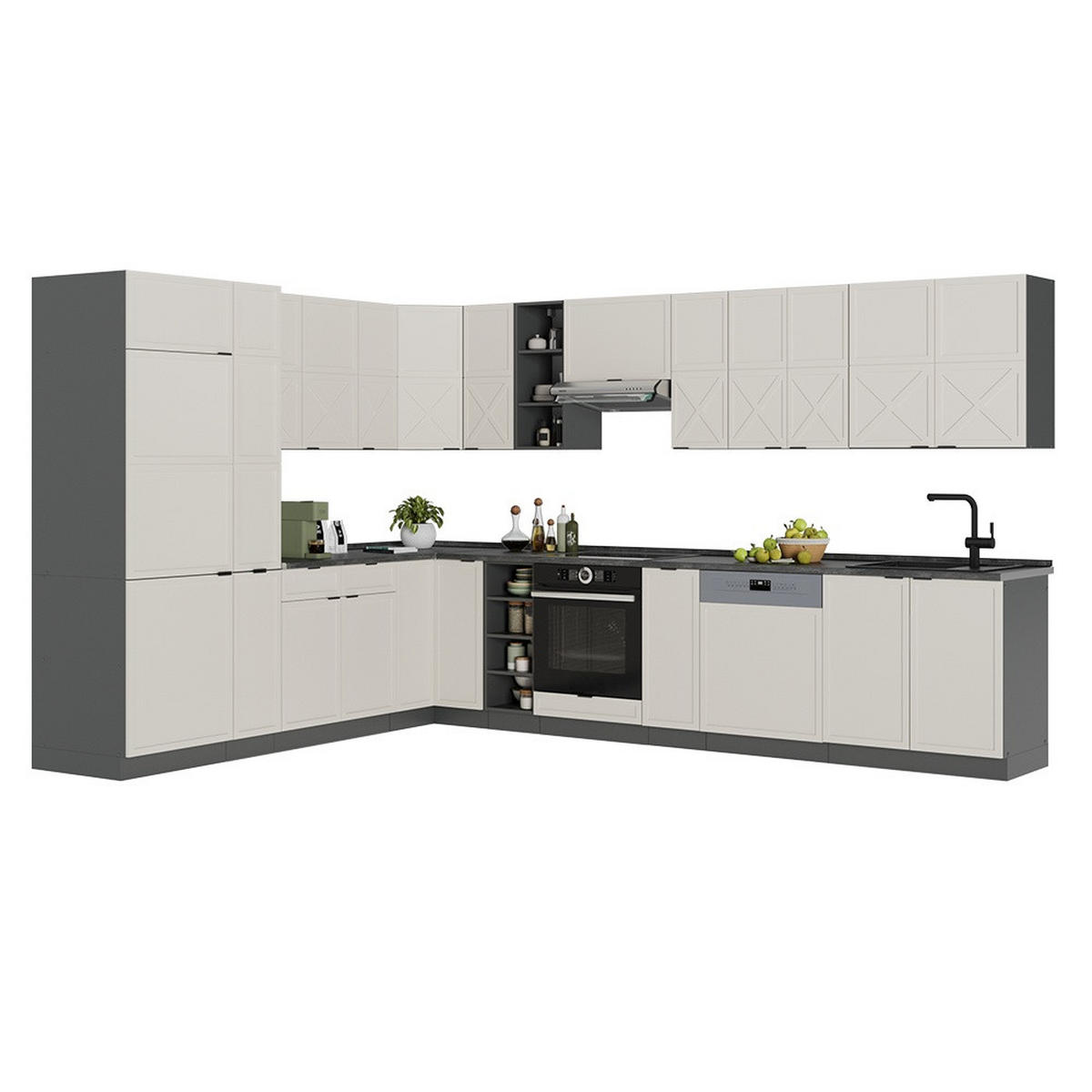 ECKKÜCHE Fame-Line, GrauBeige/Anthrazit, 347 x 257 cm ohne Arbeitsplatte - Greige/Anthrazit, Holzwerkstoff (347/206.8/51.6cm) - Vicco