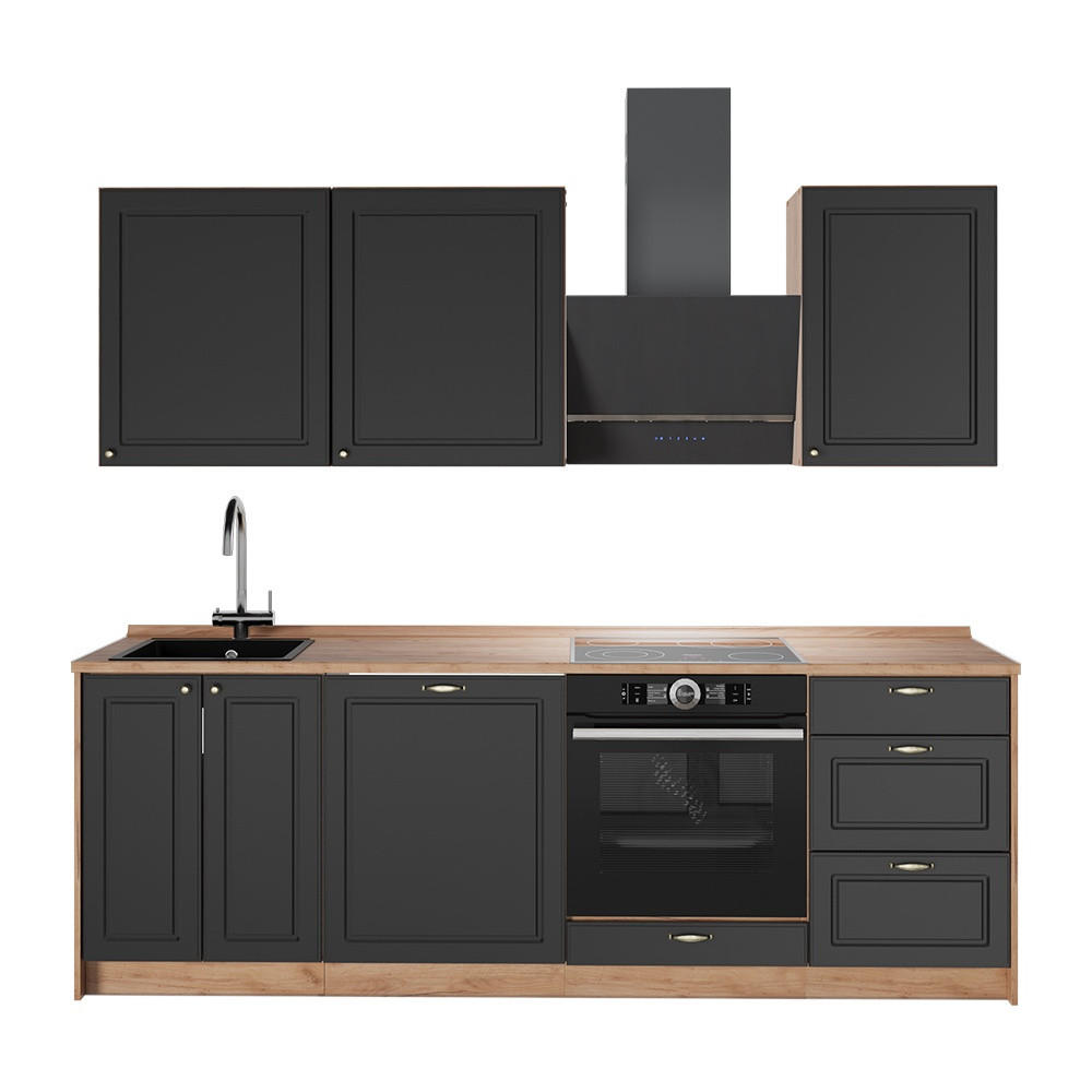 KÜCHENZEILE Fame-Line, Anthrazit-Gold Landhaus/Goldkraft Eiche, 230 cm, AP Eiche - Honigeiche/Anthrazit, Holzwerkstoff (230/206.8/60cm) - Vicco