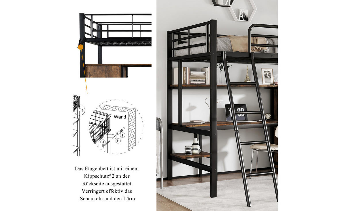 HOCHBETT Mit Bücherregalen, Schreibtisch und Kleiderschrank Schwarz - Schwarz, Holzwerkstoff/Metall - Urban Meuble