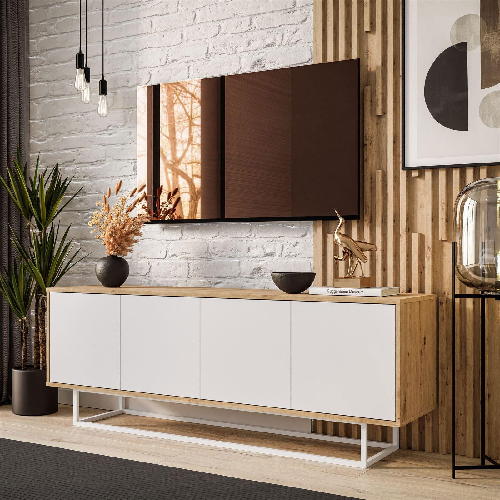 TV-ELEMENT SANAYI II Eiche Artisan/Weiß auf Metallgestell - Weiß, Holzwerkstoff (156/56/38cm) - Lookway