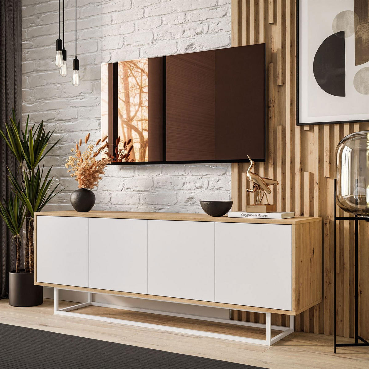 TV-ELEMENT SANAYI II Eiche Artisan/Weiß auf Metallgestell - Weiß, Holzwerkstoff (156/56/38cm) - Lookway