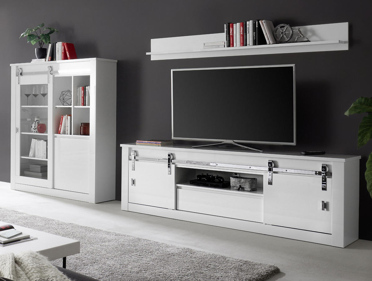 WOHNWAND weiß Hochglanz 3-teilig 349 x 170 cm, Wohnkombination inklusive LED-Beleuchtung, Soft-Close - Chromfarben/Weiß Hochglanz, Glas/Holzwerkstoff (349/170/43cm) - Furn.Design