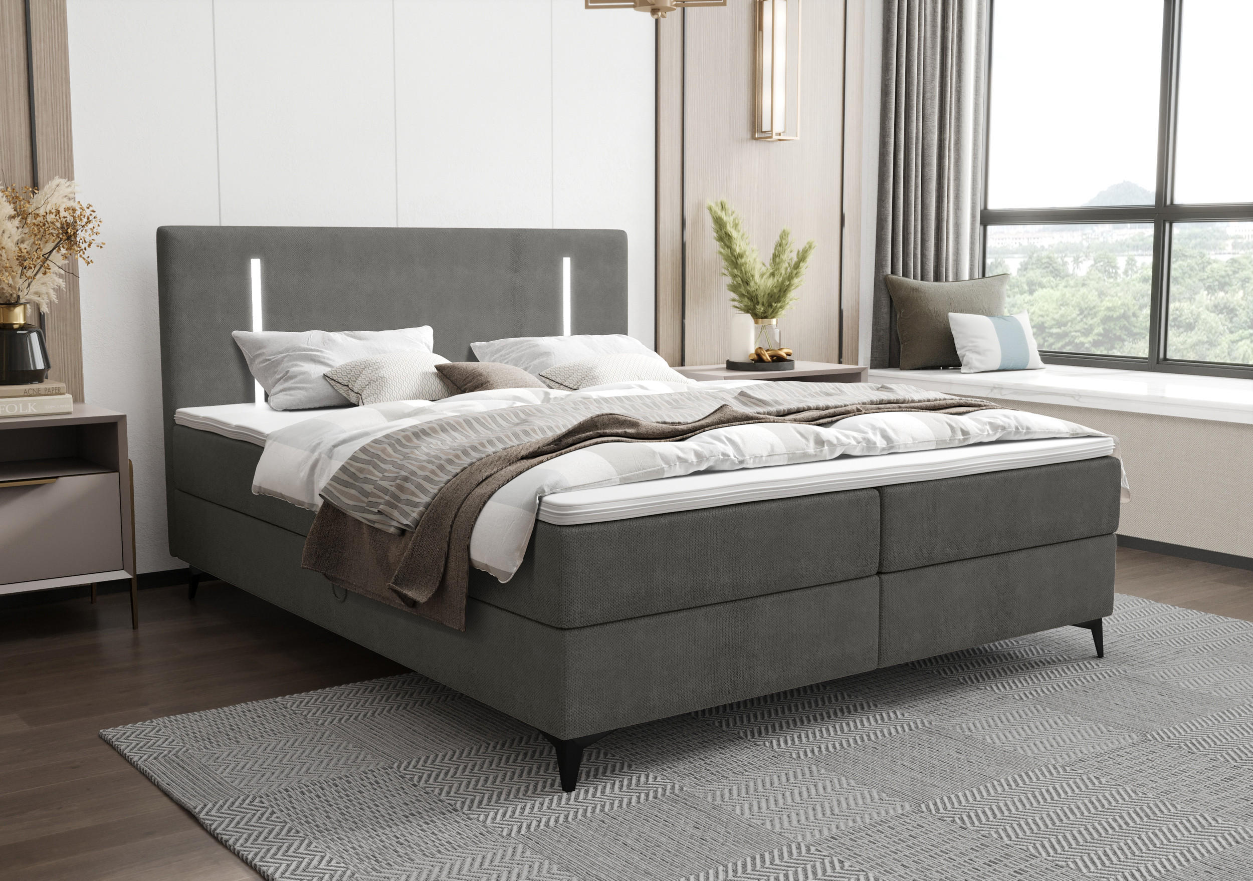 BOXBETT ONO mit Matratze H3, Bonell und Topper 180x200 CURIO 93 - Grau, Textil (180/200cm) - Bedante