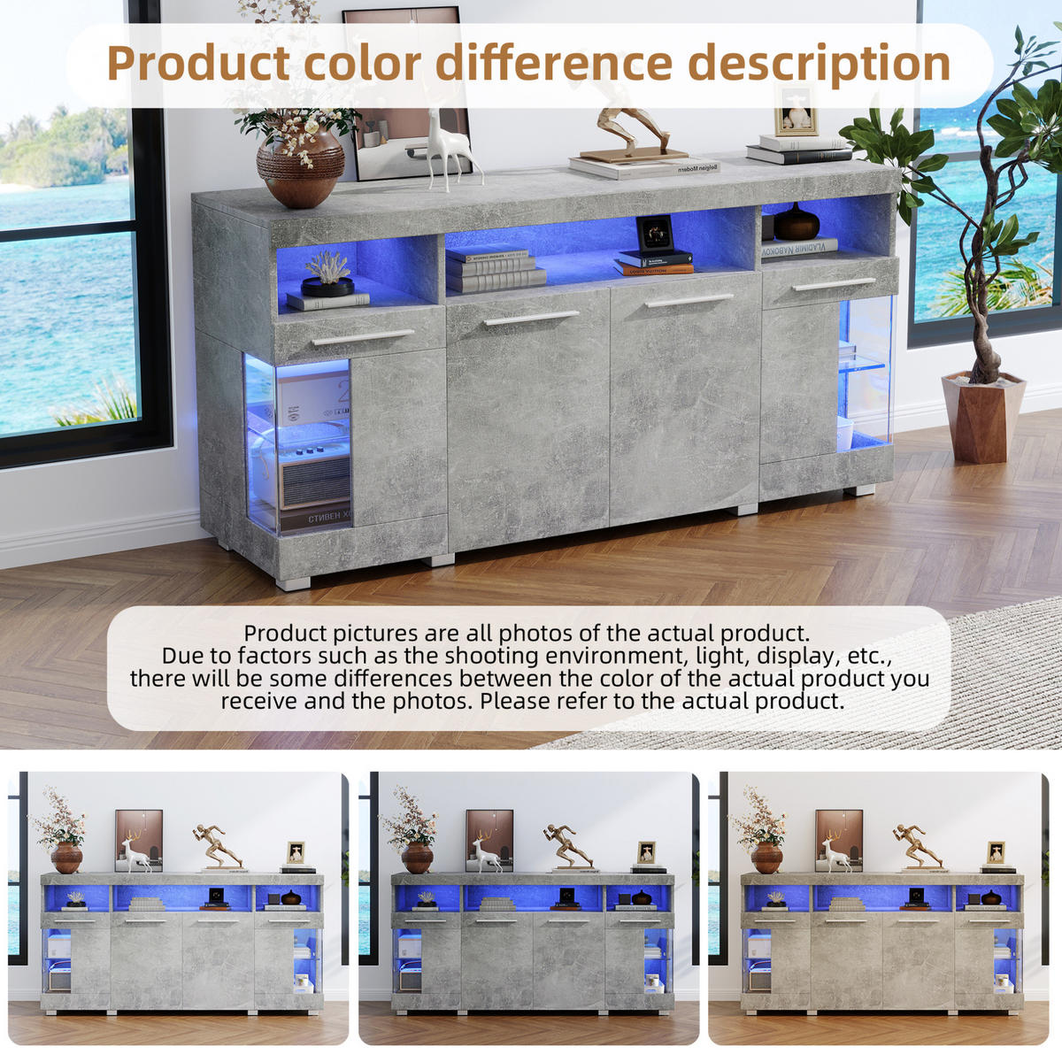 SIDEBOARD 140/40/70 cm Zementgrau aus MDF mit LED-Beleuchtung - Grau, Holzwerkstoff (40/70/140cm) - OKMYHOME