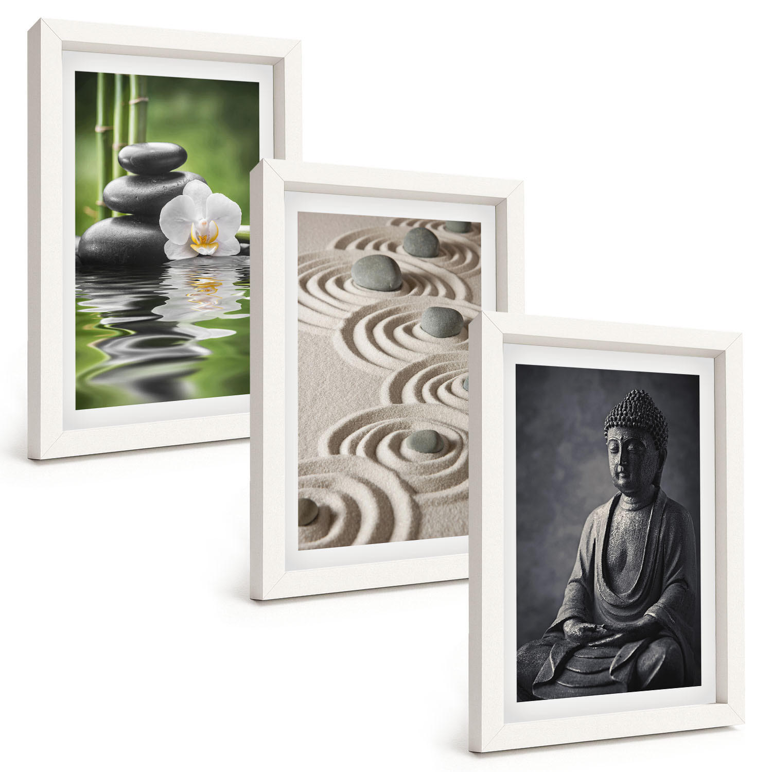 BILDER SET 3er Set - 20x30 cm Weißer Rahmen - Entspannender Blick auf den Zen-Buddha - Weiß, Kunststoff (20/30cm) - TULUP