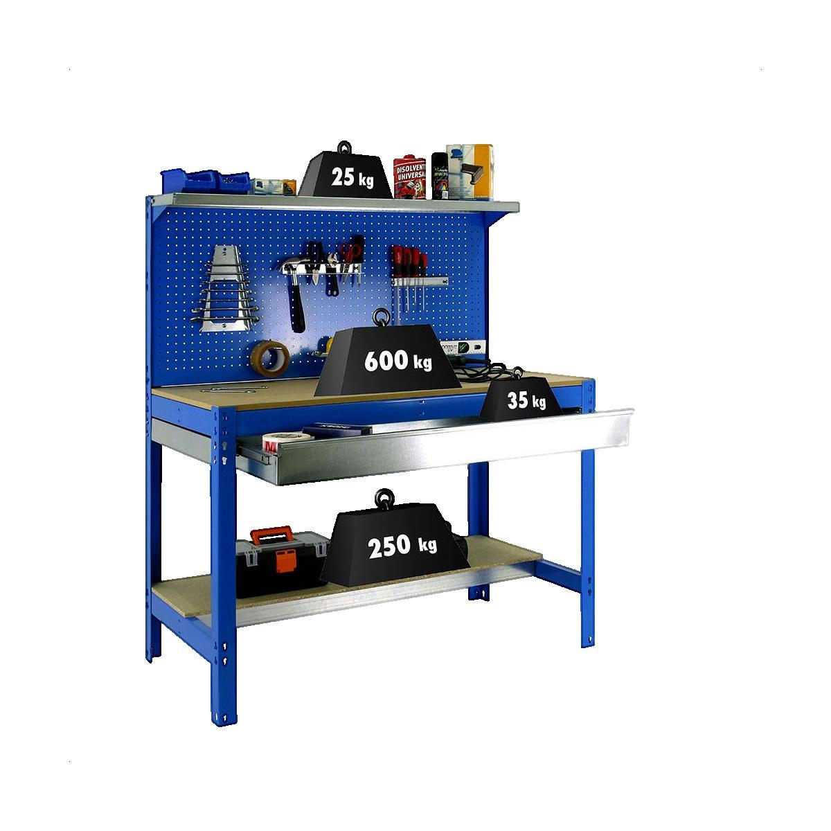 WERKBANK BUFFALO mit Werkzeugwand, Schubfach und Ablage | HxBxT 84x150x61cm | Traglast 600kg | Blau - Blau, Metall (151/144.5/61cm) - Sonstige