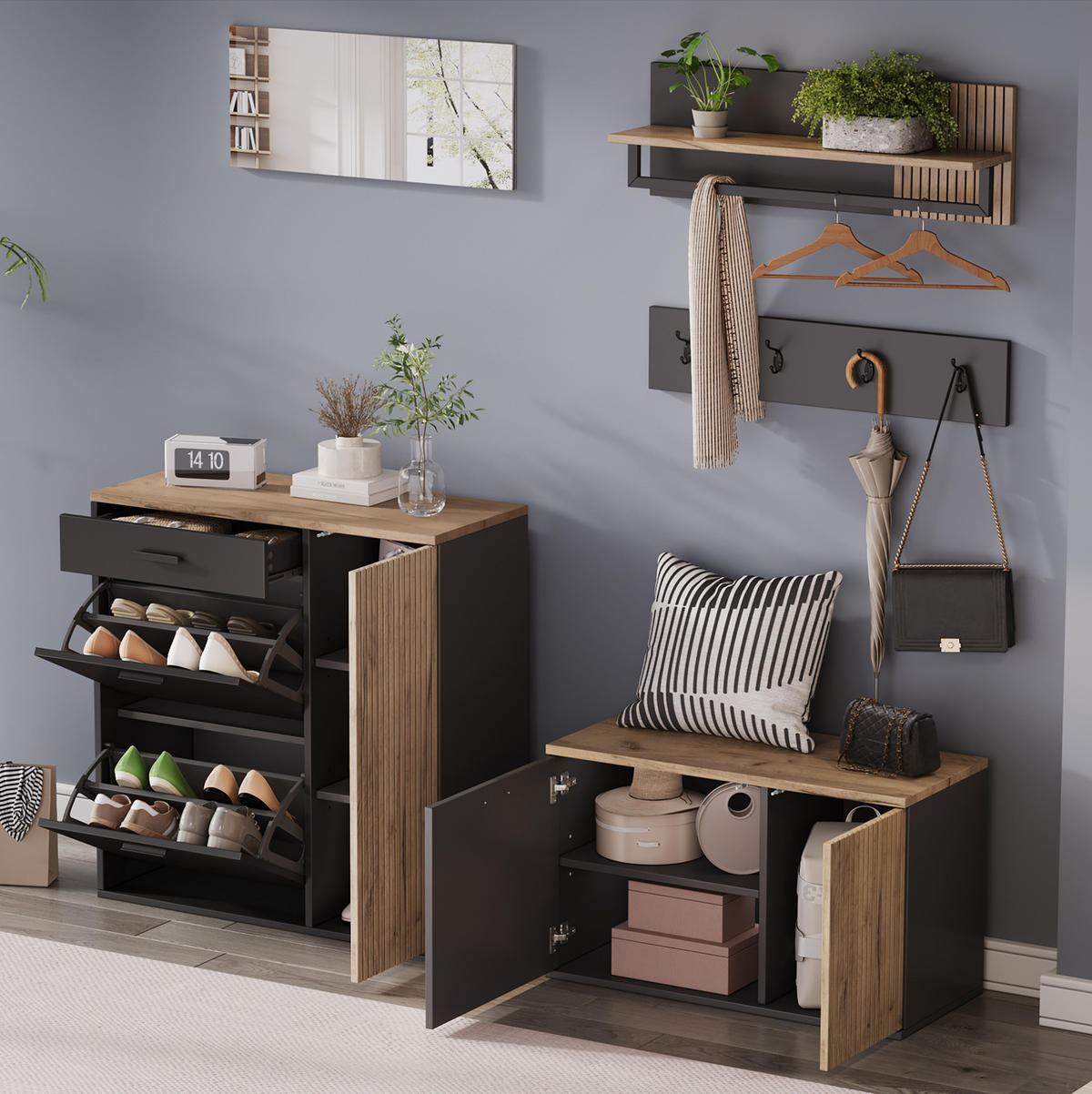 SCHUHSCHRANK 85/36/85 cm in Natur/Schwarz mit Schuhschrank und Sitzbank - Naturfarben, Holzwerkstoff (85/85/36cm) - Flora Grace