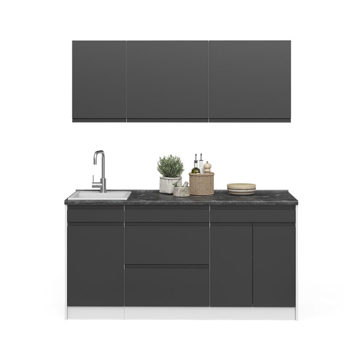 SINGLEKÜCHE R-Line, Anthrazit/Weiß, 160 cm Arbeitsplatte Satin - Anthrazit/Weiß, Holzwerkstoff (160/81.6/60cm) - Vicco
