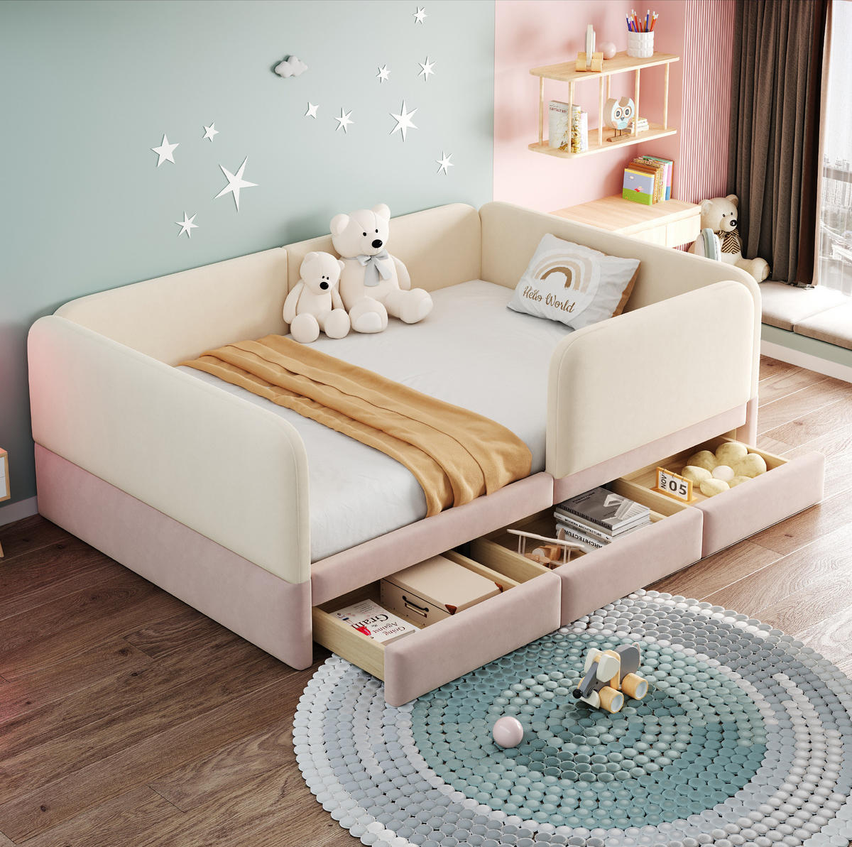 KINDER-POLSTERBETT 140x200 cm in Beige/Rosa mit 3 Schubladen und Sicherheitsumrandung - Beige, Textil (140/200cm) - IVMEU