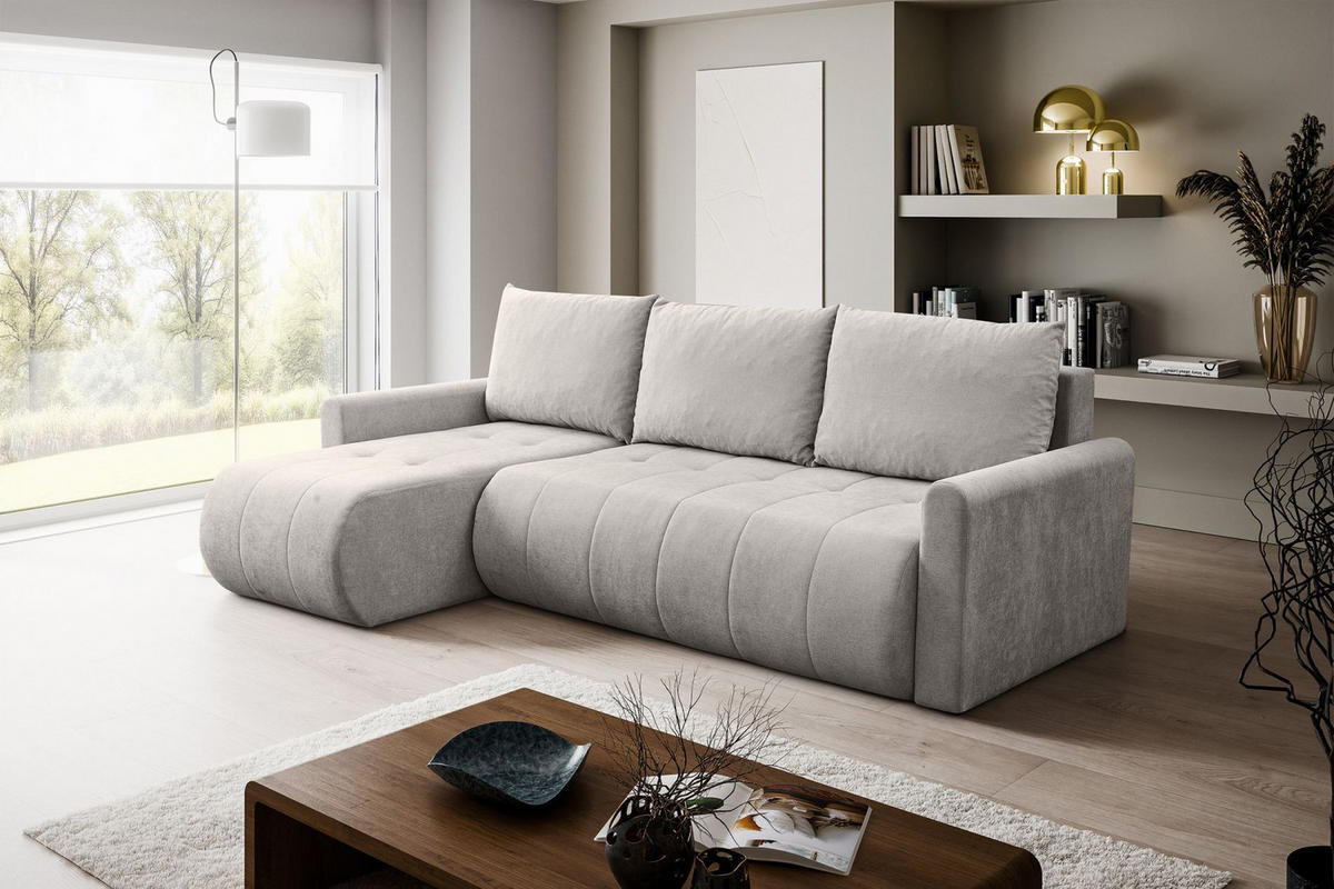 ECKSOFA Timmone Hellbeige Chenille 230 cm - Ecru/Schwarz, Kunststoff/Textil (230/149cm) - Selsey