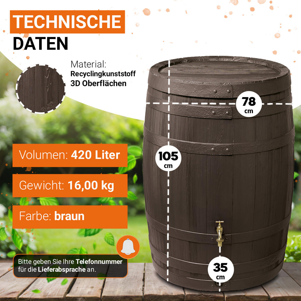 REGENFASS 420 L, braun - Braun, Kunststoff (78/105/78cm) - GARANTIA