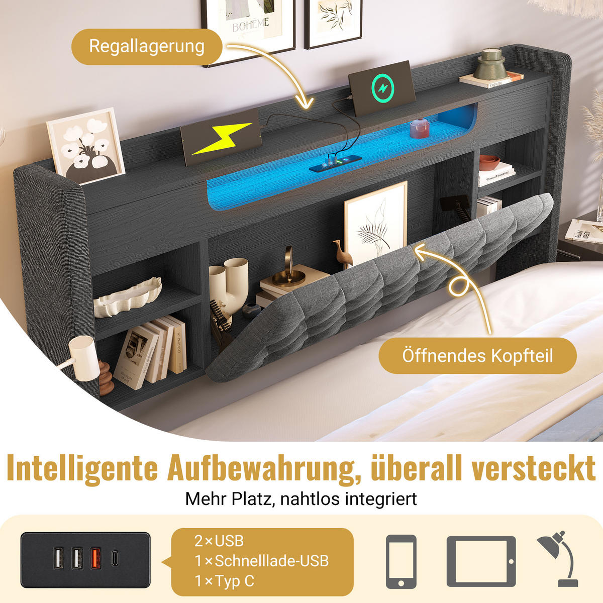 ČALOUNĚNÁ postel 180/200 cm s LED osvětlením, USB-C a hydraulickým úložným prostorem, šedá - šedá, textil (180/200cm) - Redom