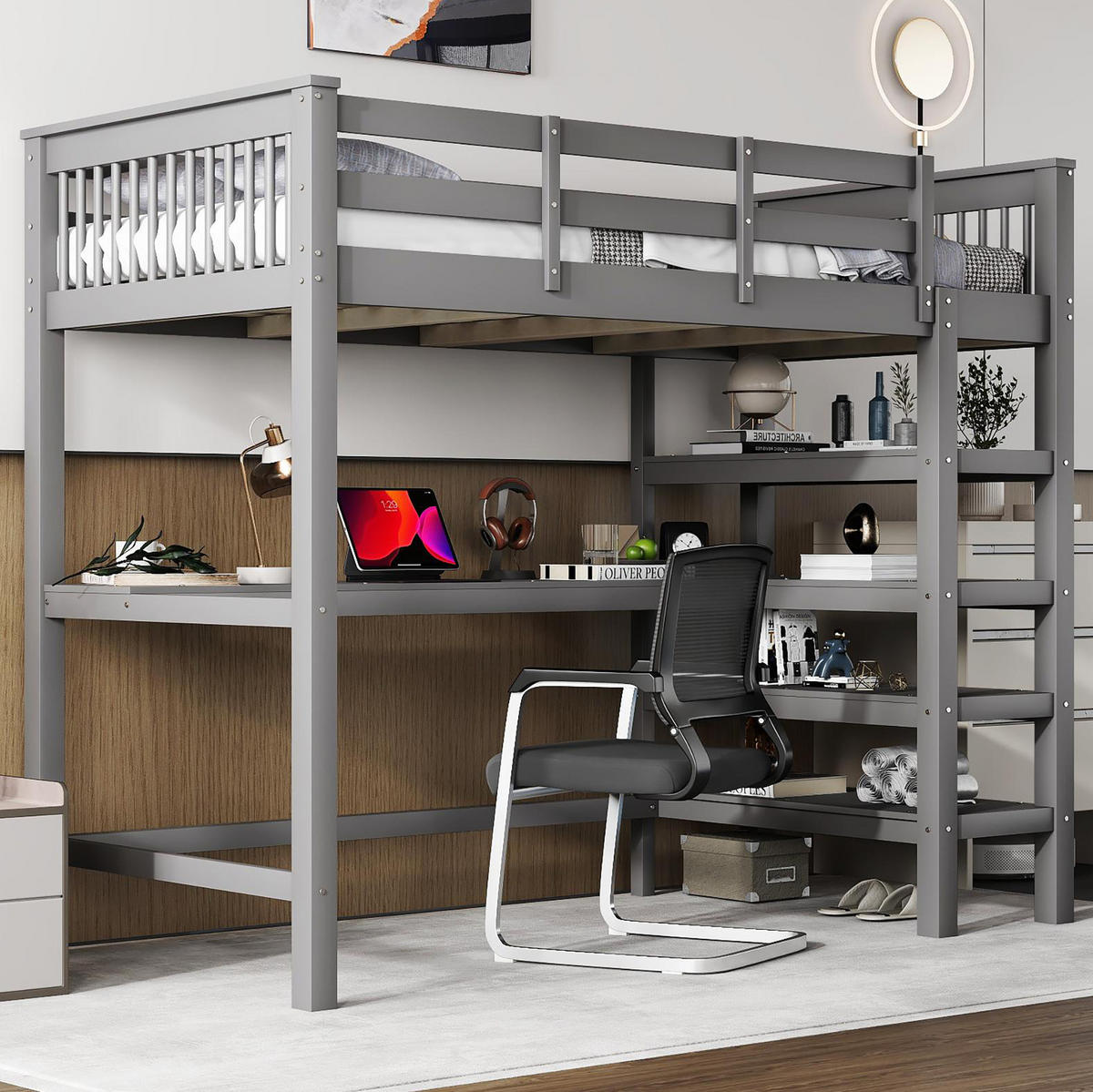HOCHBETT 90/200 cm Grau mit Schreibtisch und Ablagefächern aus Kiefernholz MDF - Grau, Holzwerkstoff (90/200cm) - OKWISH