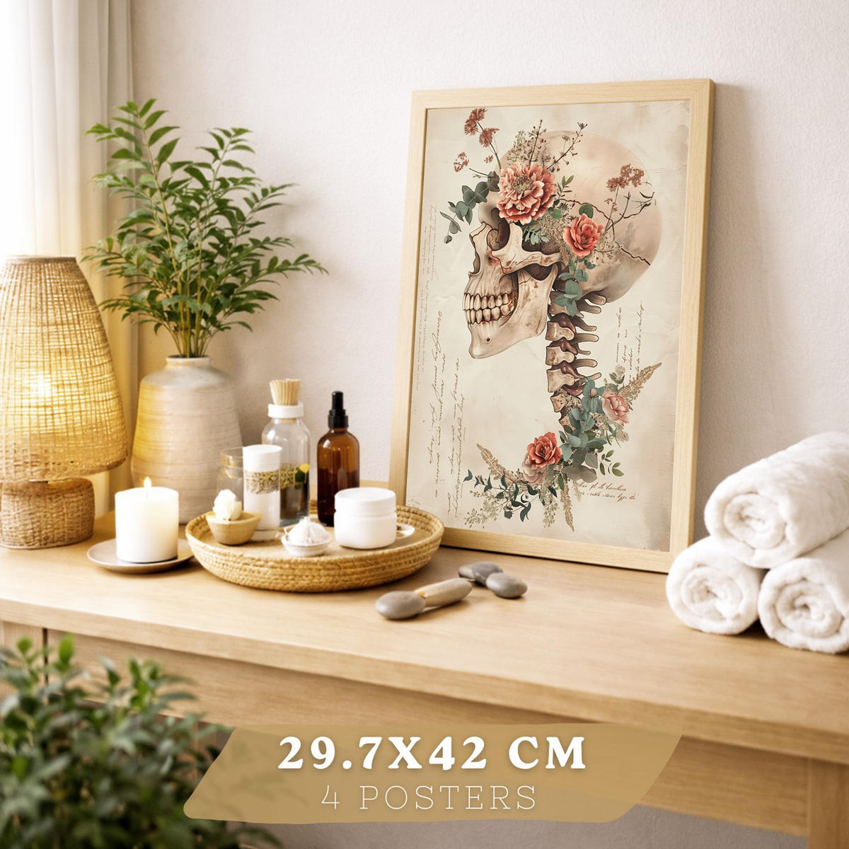 POSTER Set aus 4 Vintage Anatomie Drucke und Wandbilder mit Blumen Herz Lungen Schädel und Gehirn Medizinische Wanddekoration Größe Rahmenlos A3 - Klar, Papier (29.7/42/3cm) - Nacnic