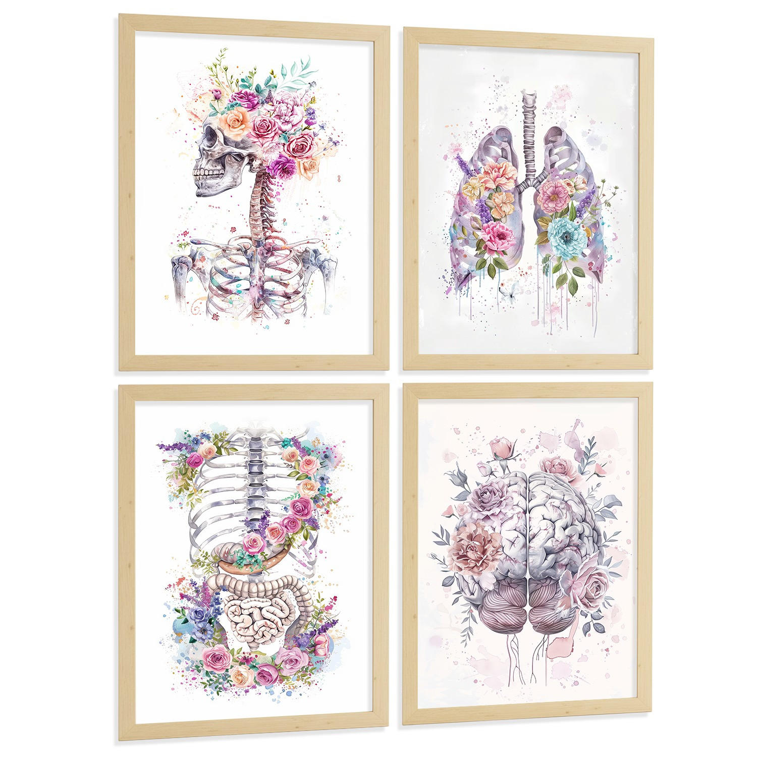 POSTER Set aus 4 Anatomie Mensch Drucke und Wandbilder mit Schädel Lungen Verdauungssystem und Gehirn Florales Aquarell Design Größe Rahmenlos A4 - Klar, Papier (21/29.7/3cm) - Nacnic