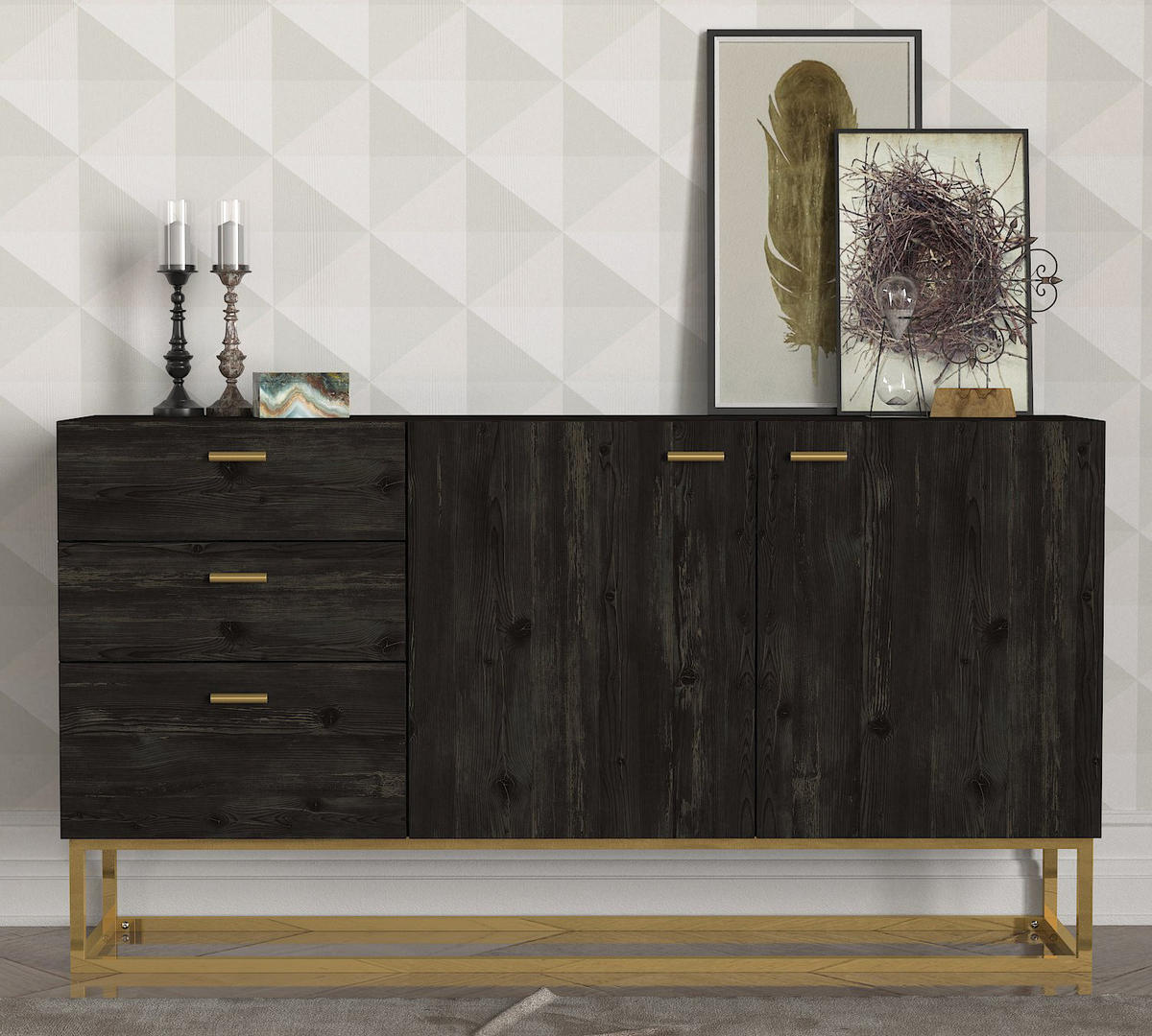 SIDEBOARD Theodora Rebab Braun 2-Türig 3 Schubladen Gold mit Metallfüßen - Braun, Holzwerkstoff (150/80/36.8cm) - moebel17
