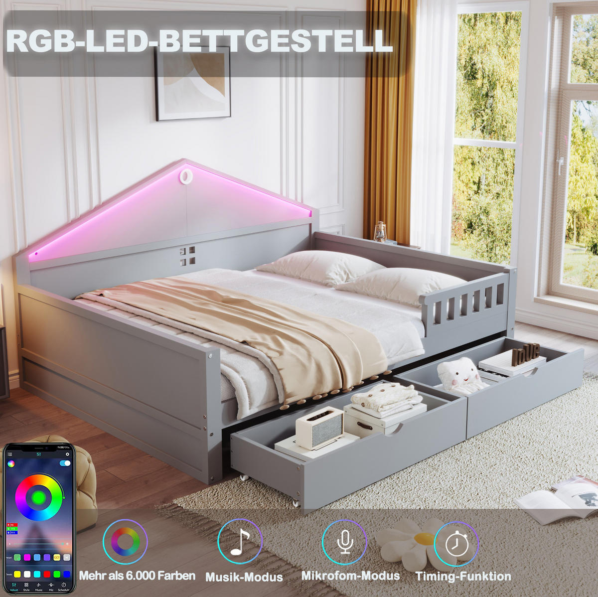 EINZELBETT 140x200 cm in Grau mit LED-Beleuchtung und 2 Schubladen - Grau, Holz (140/200cm) - IVMEU